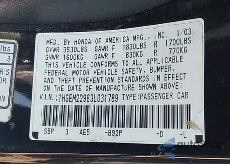 2003 Honda Civic Ex из США, поврежденный, VIN 1HGEM22963L031789